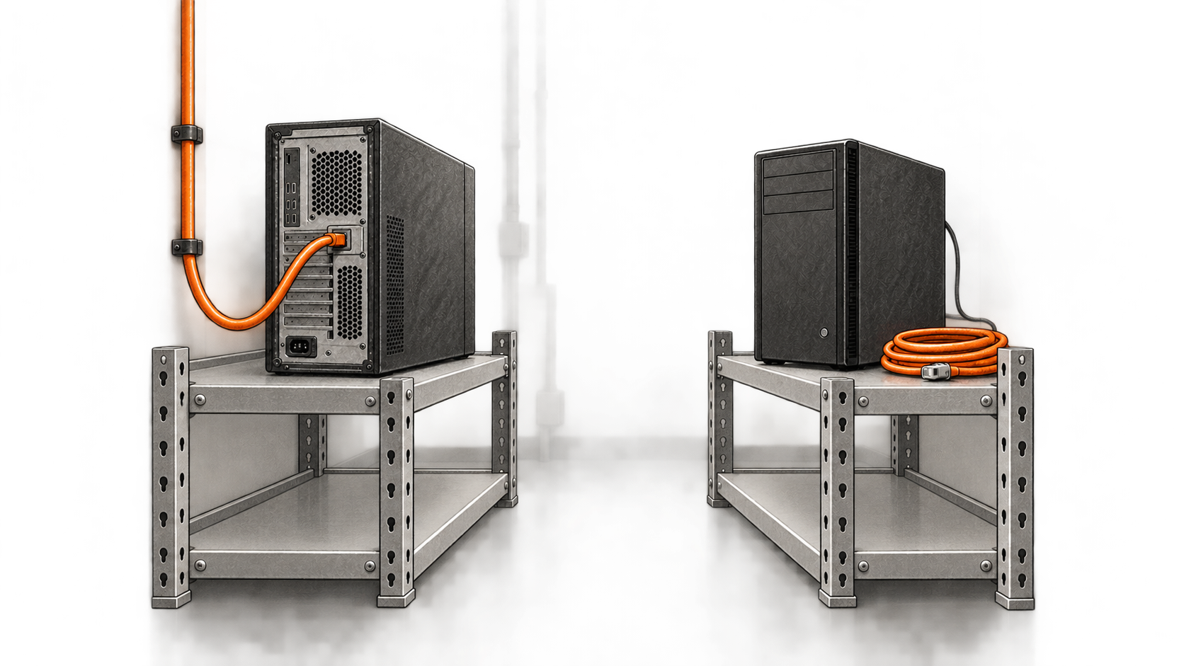 Conceptual charcoal illustration of two separate unbranded desktop computers on metal shelves, one connected to an orange cable and the other beside a loose cable.