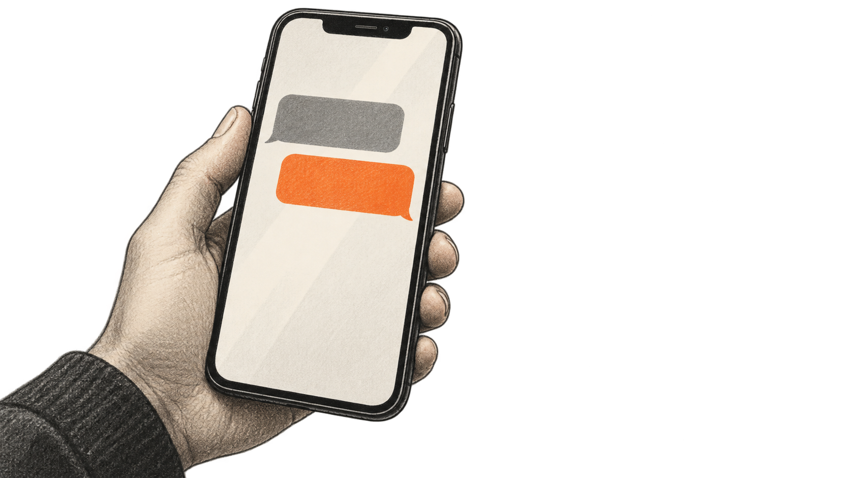 Conceptual charcoal illustration of one hand holding an unbranded phone with two blank message shapes on its screen.