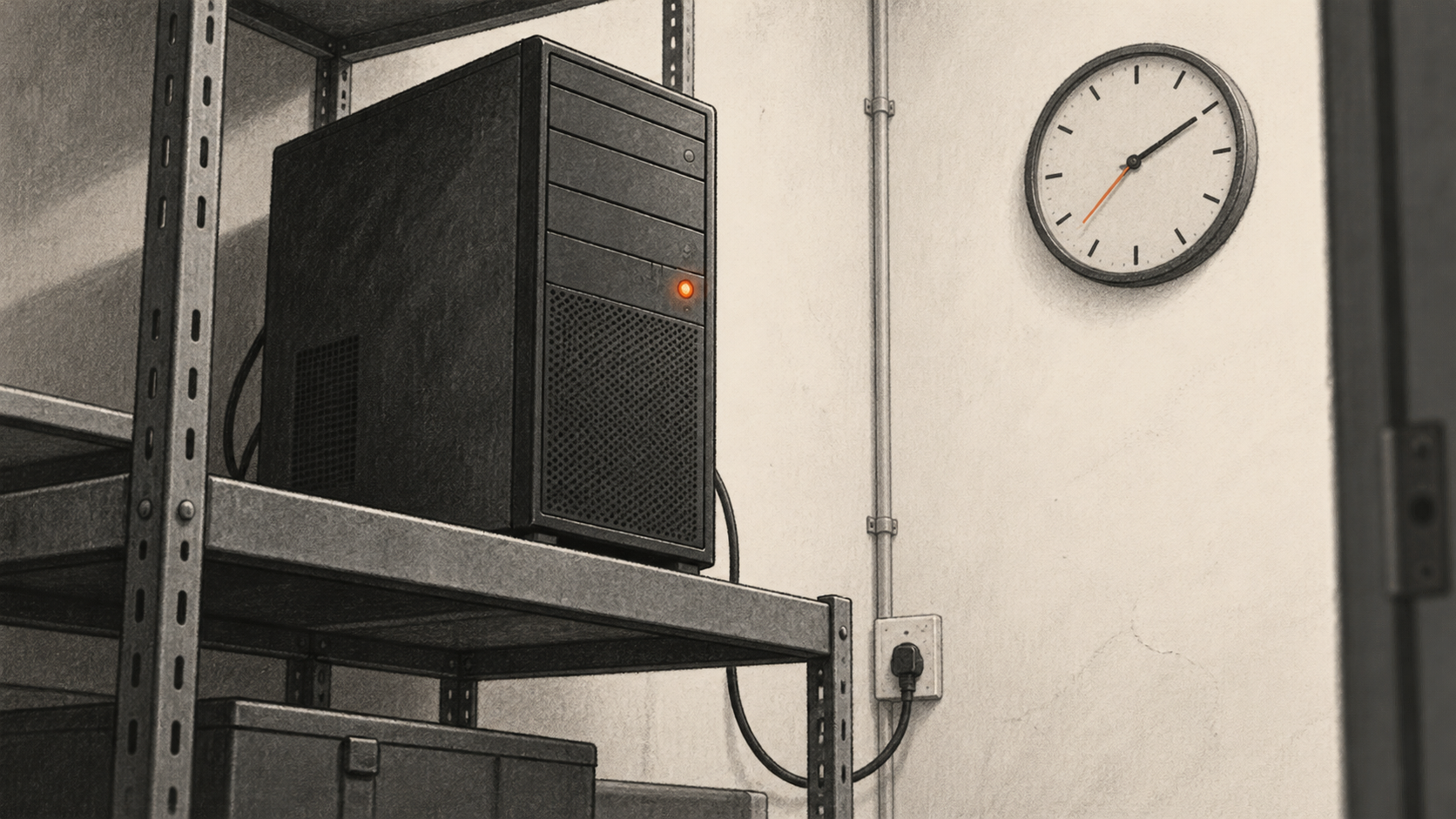 Conceptual charcoal illustration of a powered desktop computer on an equipment shelf, with a wall clock nearby.