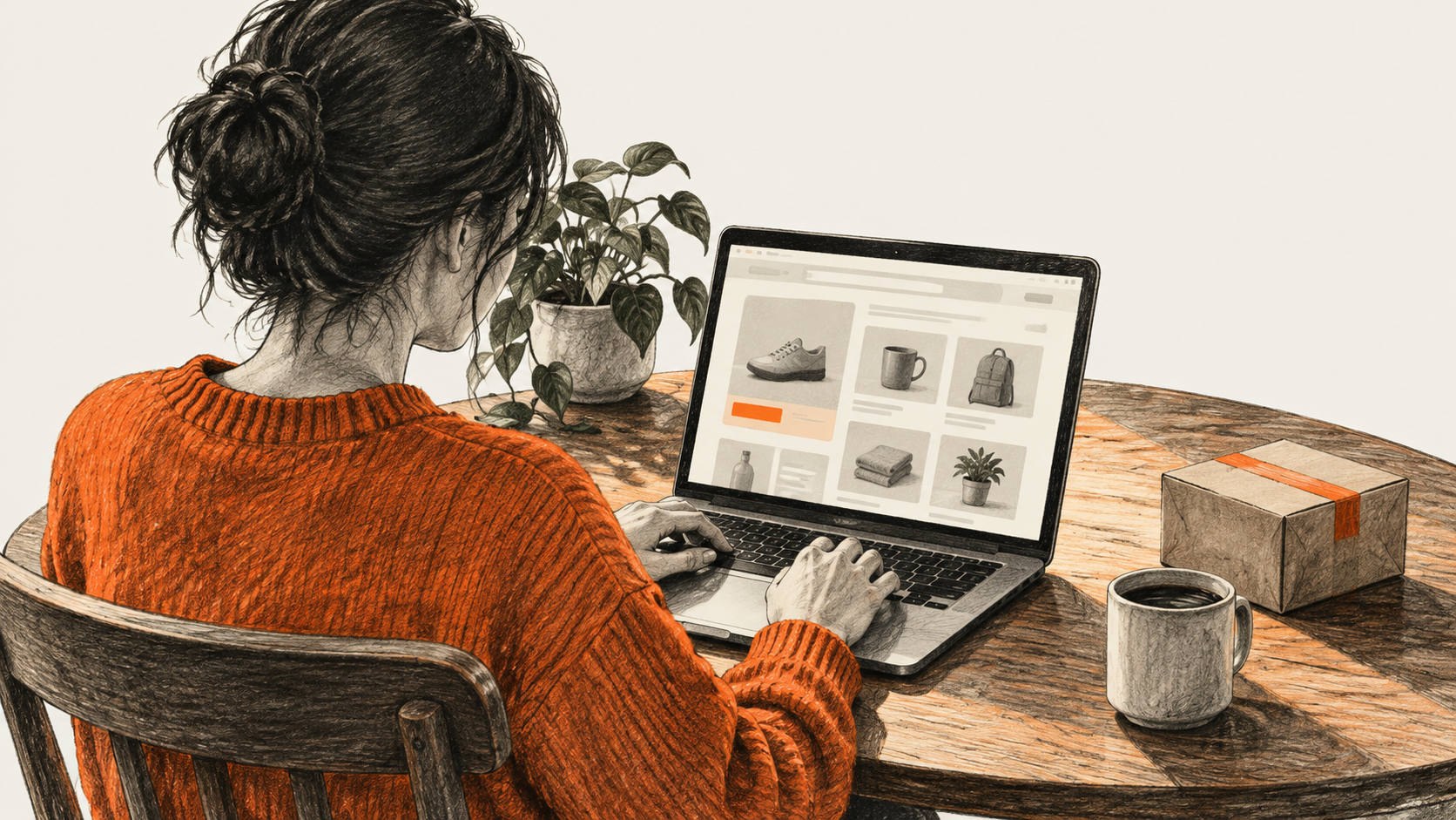 Conceptual illustration of a person looking at product listings on a laptop.