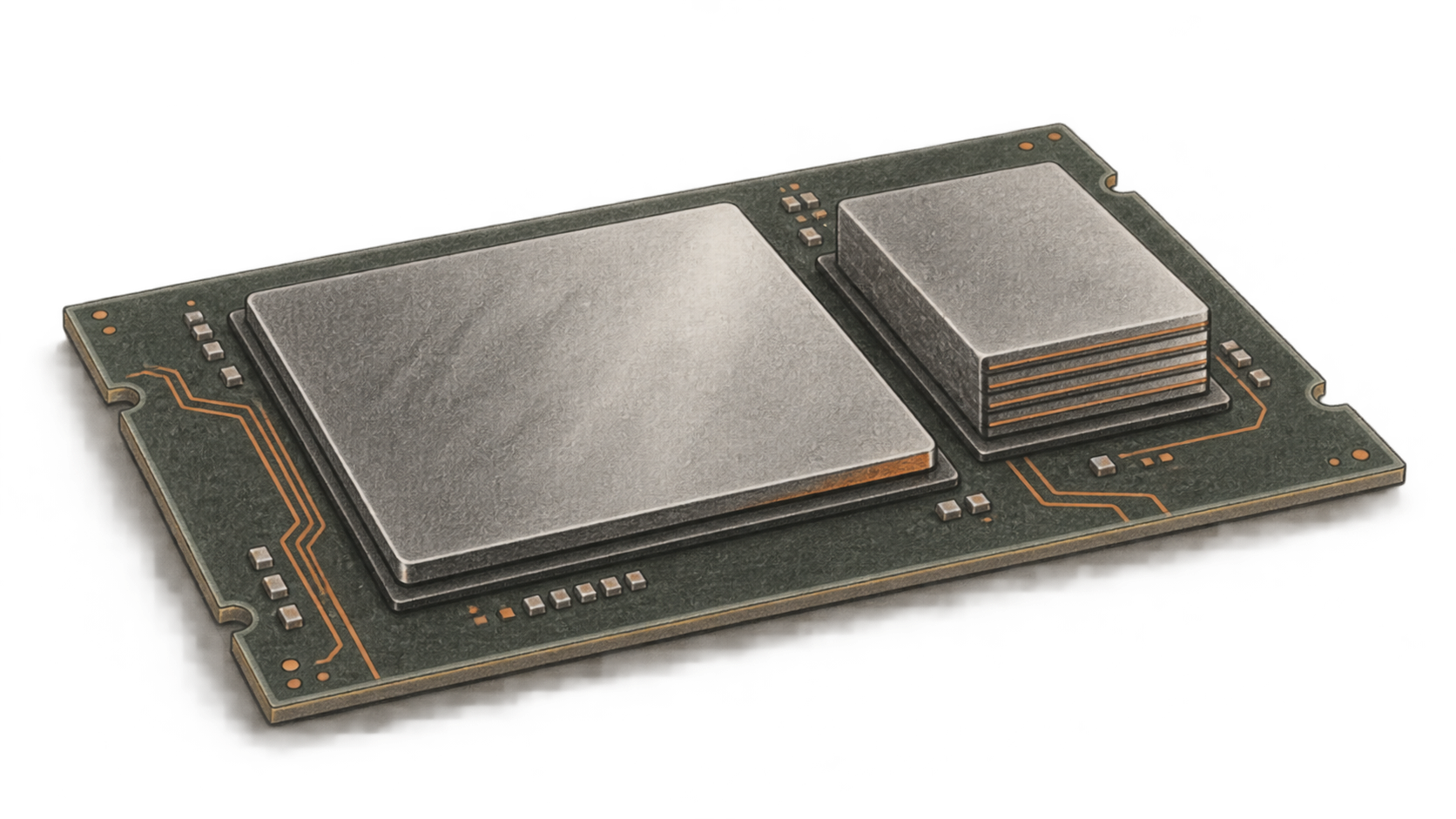 Conceptual illustration of an unbranded compute die beside a visibly layered high-bandwidth memory package on one circuit substrate.