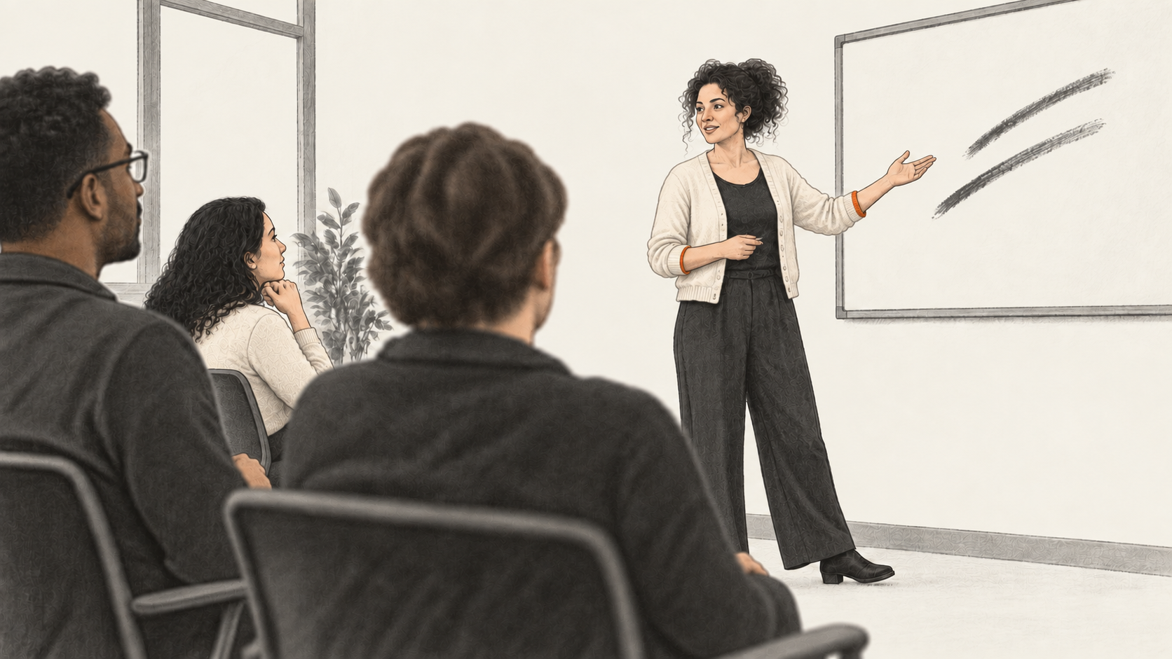 Conceptual charcoal illustration of an instructor gesturing beside a plain whiteboard as adult learners sit facing the lesson in a training room.