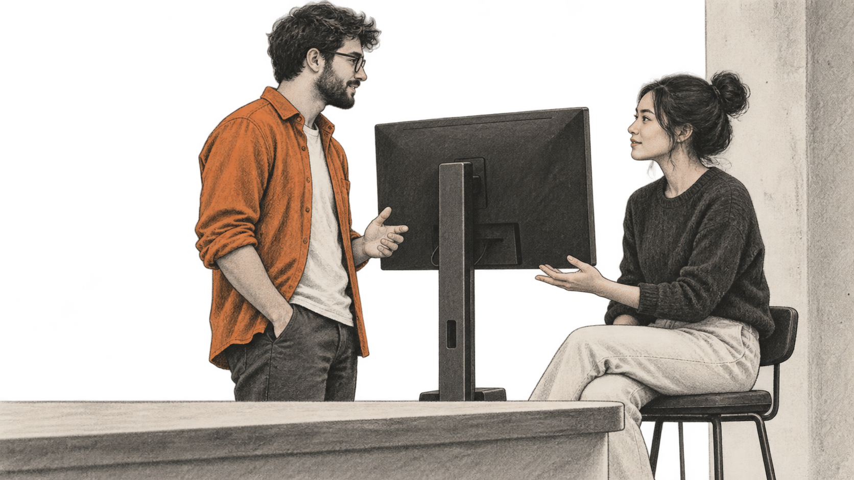 Two colleagues discuss a software change beside a monitor turned away from view.