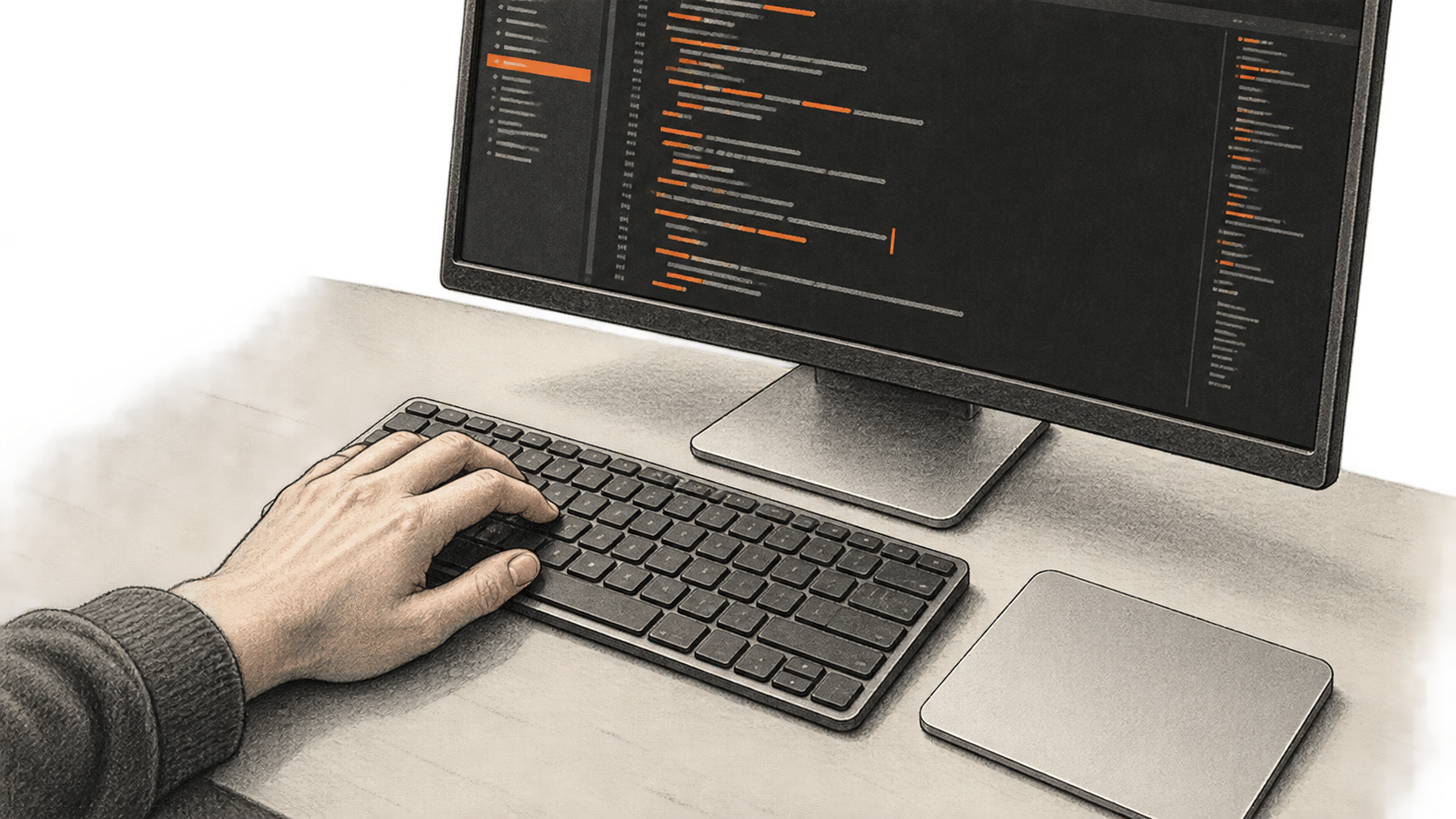 Editorial illustration of a hand at a keyboard beside a display of code.
