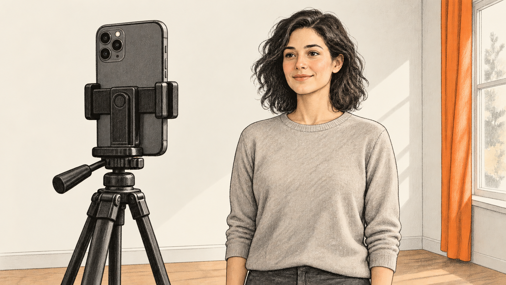 Conceptual charcoal illustration of one adult facing a generic smartphone mounted on a tripod in a bright recording room.