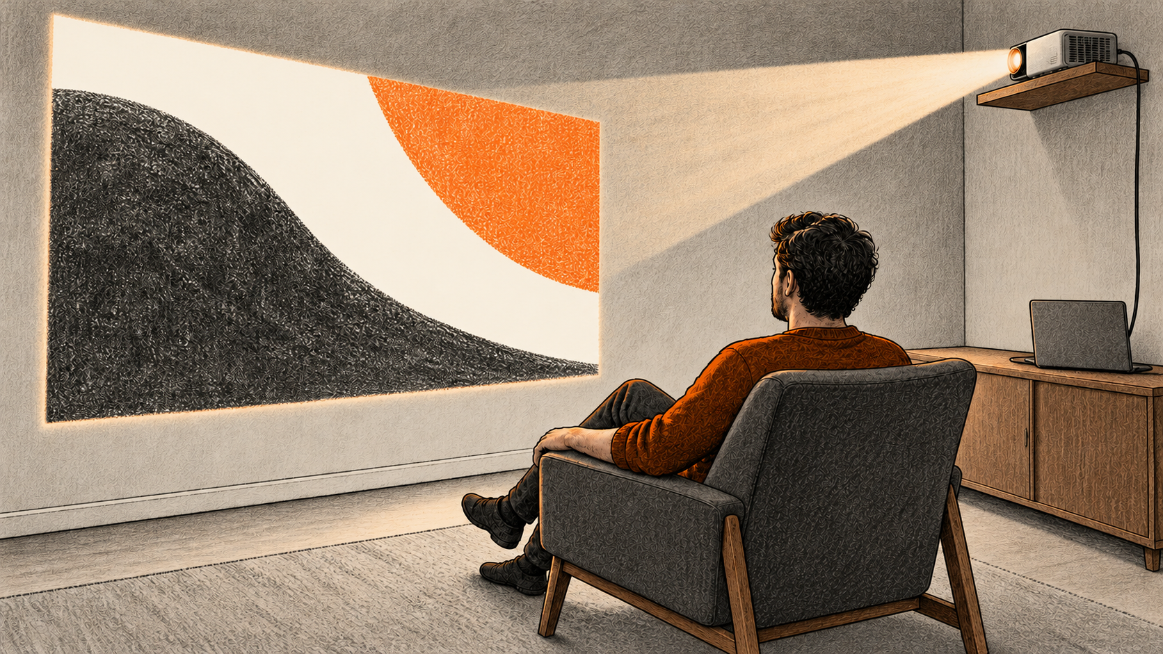 Conceptual charcoal illustration of one person watching an abstract frame projected onto a wall from a computer-connected projector.