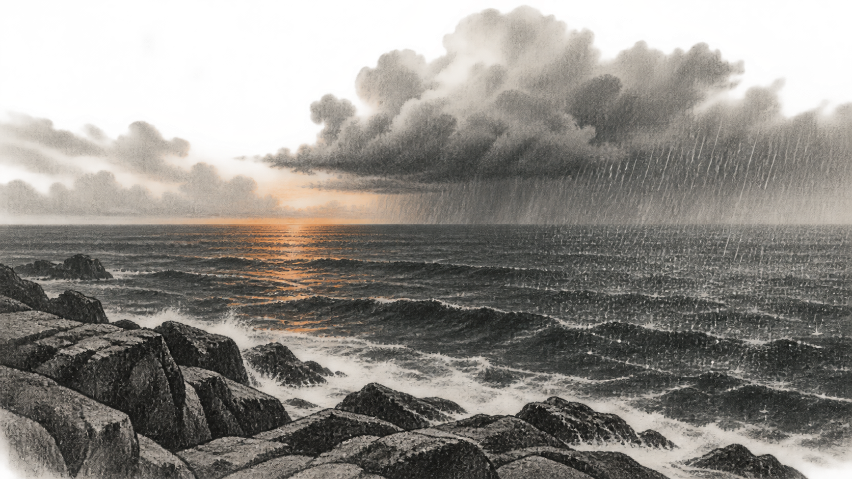 Conceptual charcoal illustration of a rain cloud over rough sea and a rocky shore, with an orange glint on the water.
