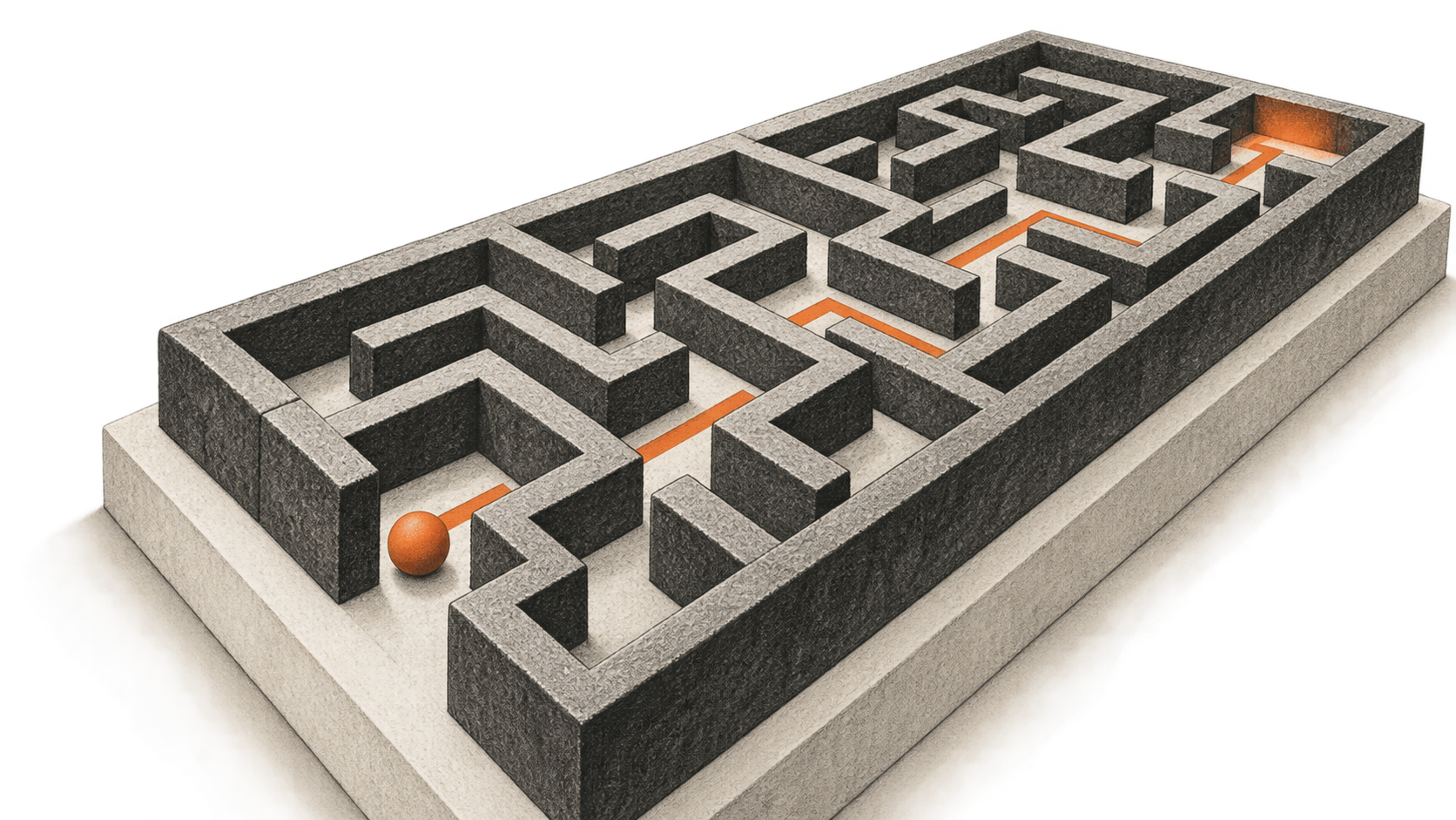 A small orange sphere rests inside a raised tabletop maze, with a segmented orange route visible through the passages.