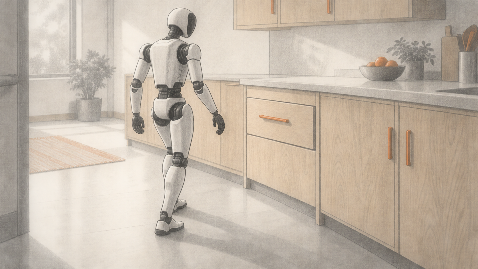 Conceptual charcoal illustration of a white humanoid robot walking toward a closed drawer in a light wood kitchen.