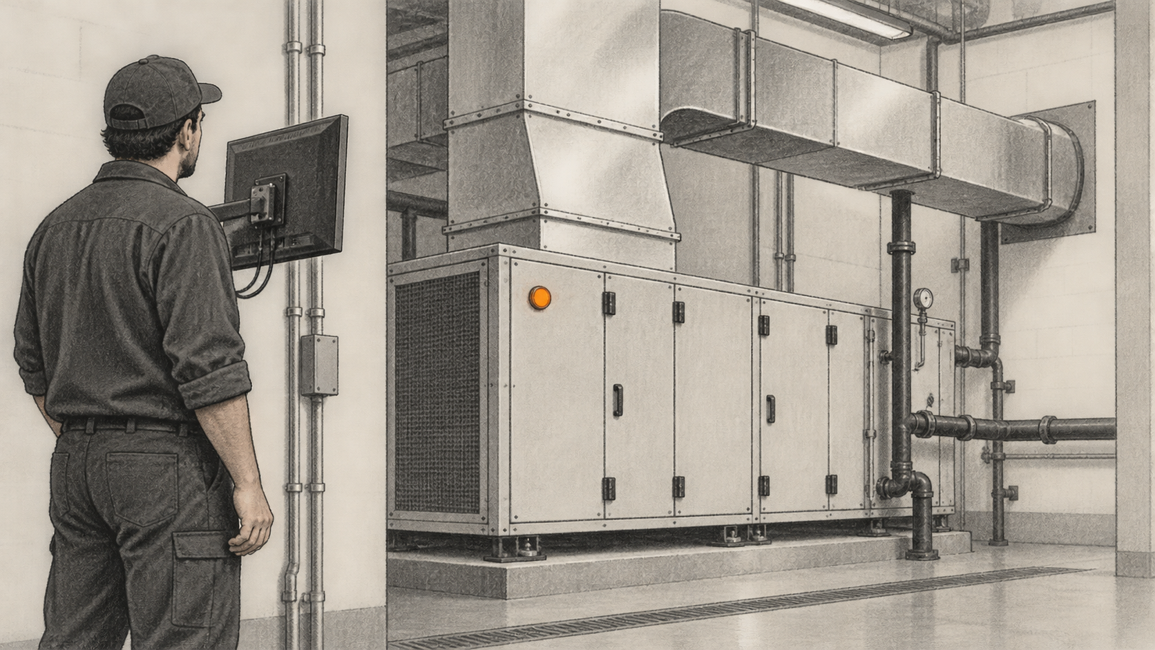 Conceptual charcoal illustration of one facility operator viewing the back of a wall-mounted monitor beside a generic HVAC air-handling unit in a plant room.