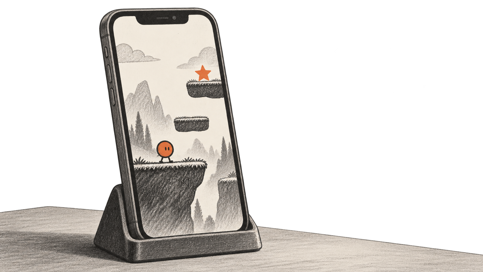 A charcoal illustration of a phone in a small cradle, its screen showing a simple generic two-dimensional platform game scene.
