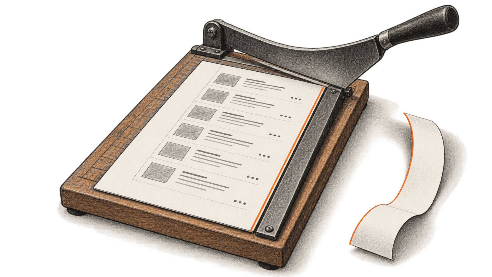 Conceptual charcoal illustration of a printed listing sheet lying intact on a paper trimmer, with a narrow removed margin curled beside it.