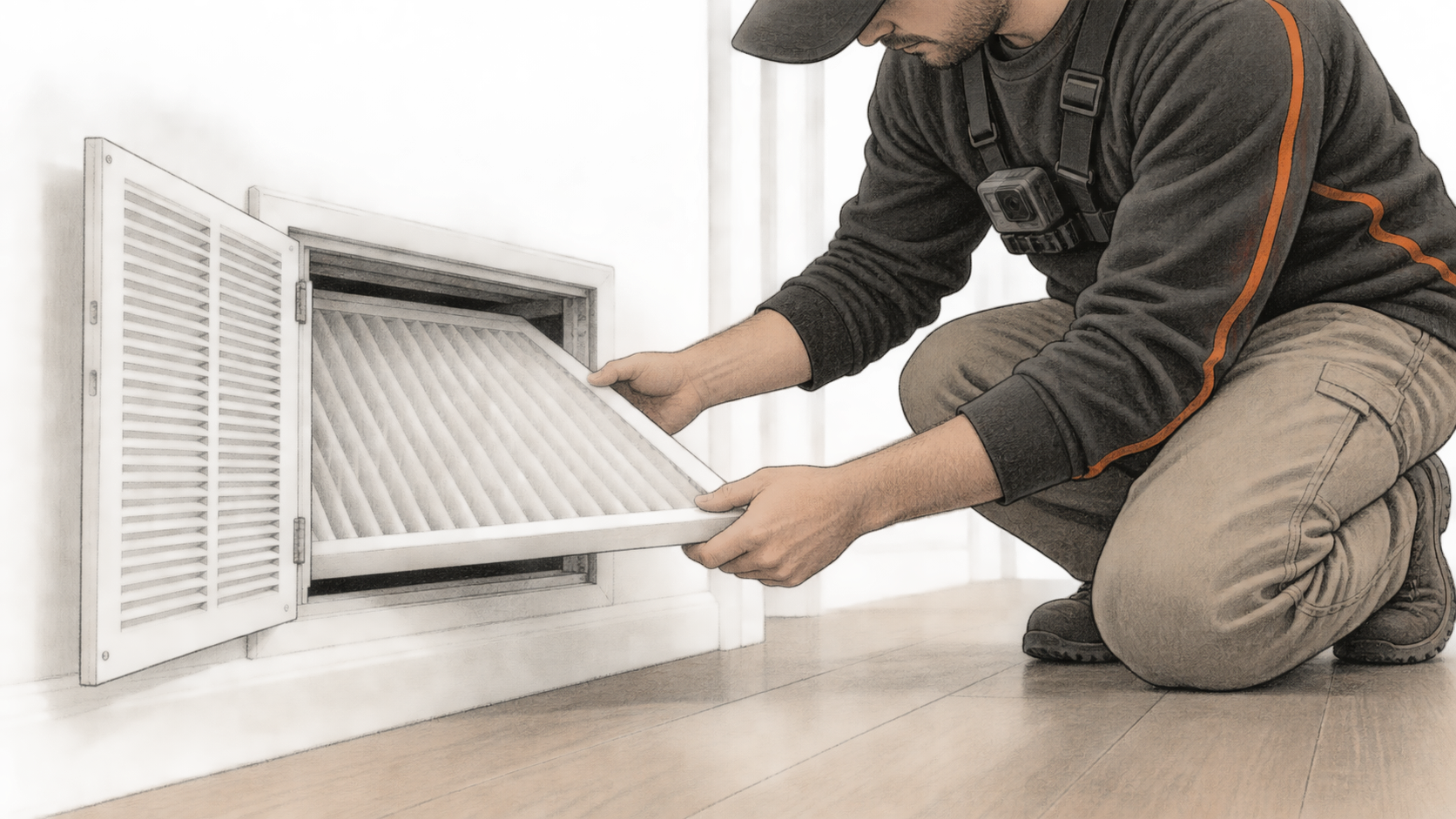 Conceptual charcoal illustration of one worker removing a pleated air filter from a wall vent while wearing a small chest-mounted camera.