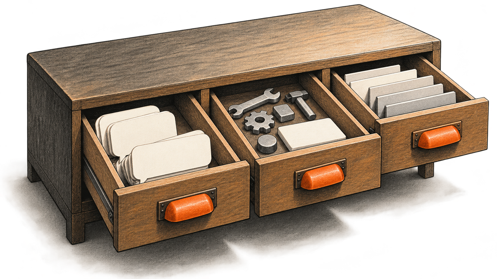 Conceptual charcoal illustration of a three-drawer cabinet: blank conversation slips, tool tokens and layered revision strips sit in separate drawers.