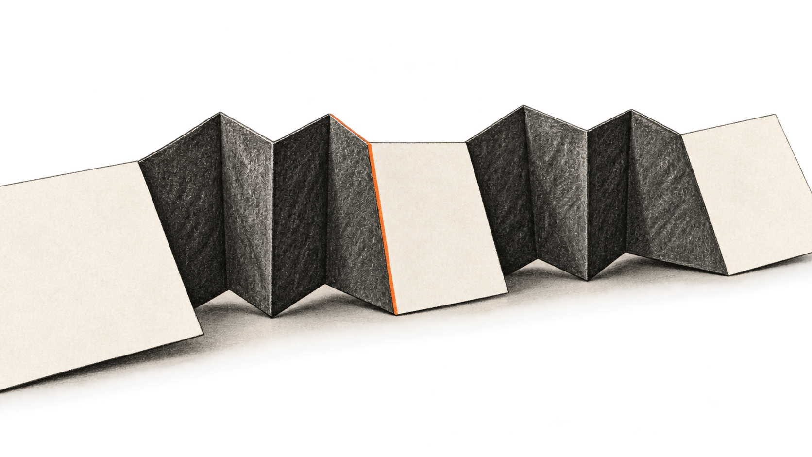 Conceptual charcoal illustration of a continuous accordion paper strip with dark folded sections and completely blank pale sections.