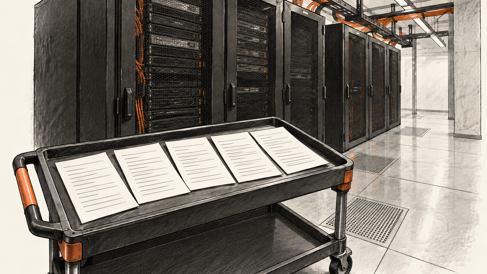 Conceptual charcoal illustration of a generic data-center rack aisle and five blank evaluation sheets on a rolling cart.