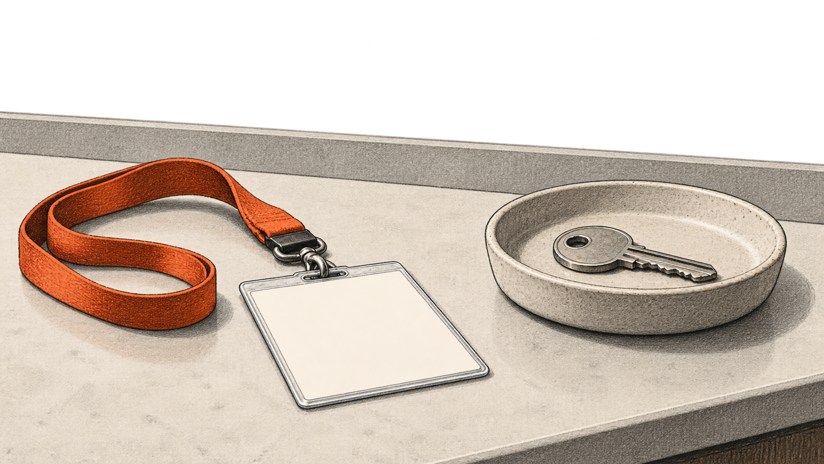 A blank identity badge on an orange lanyard rests apart from a metal key in a shallow tray.