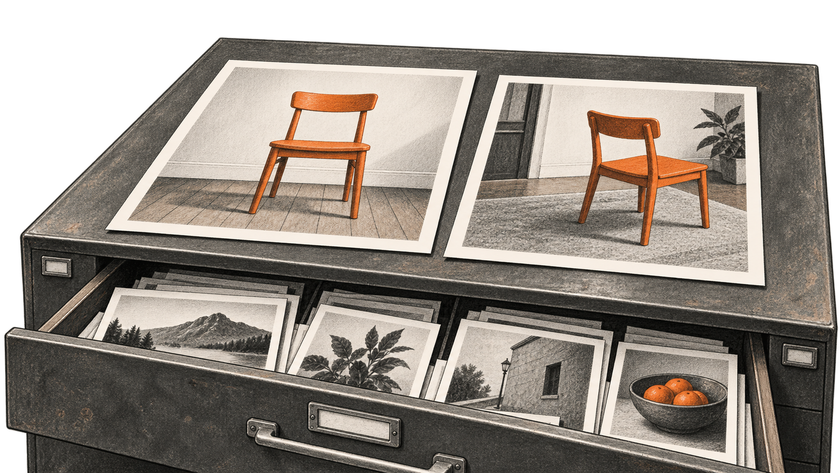 Two illustrated prints of orange chairs rest side by side atop an open photo archive drawer holding other image prints.