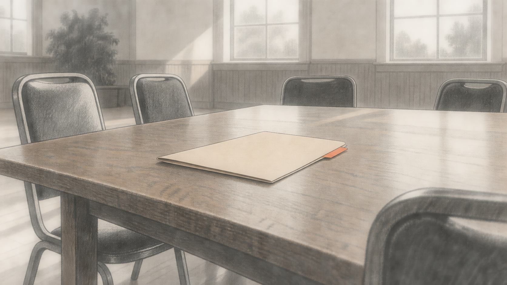 An unsigned blank proposal folder with an orange tab lies at the center of a table surrounded by empty chairs in a community hall.