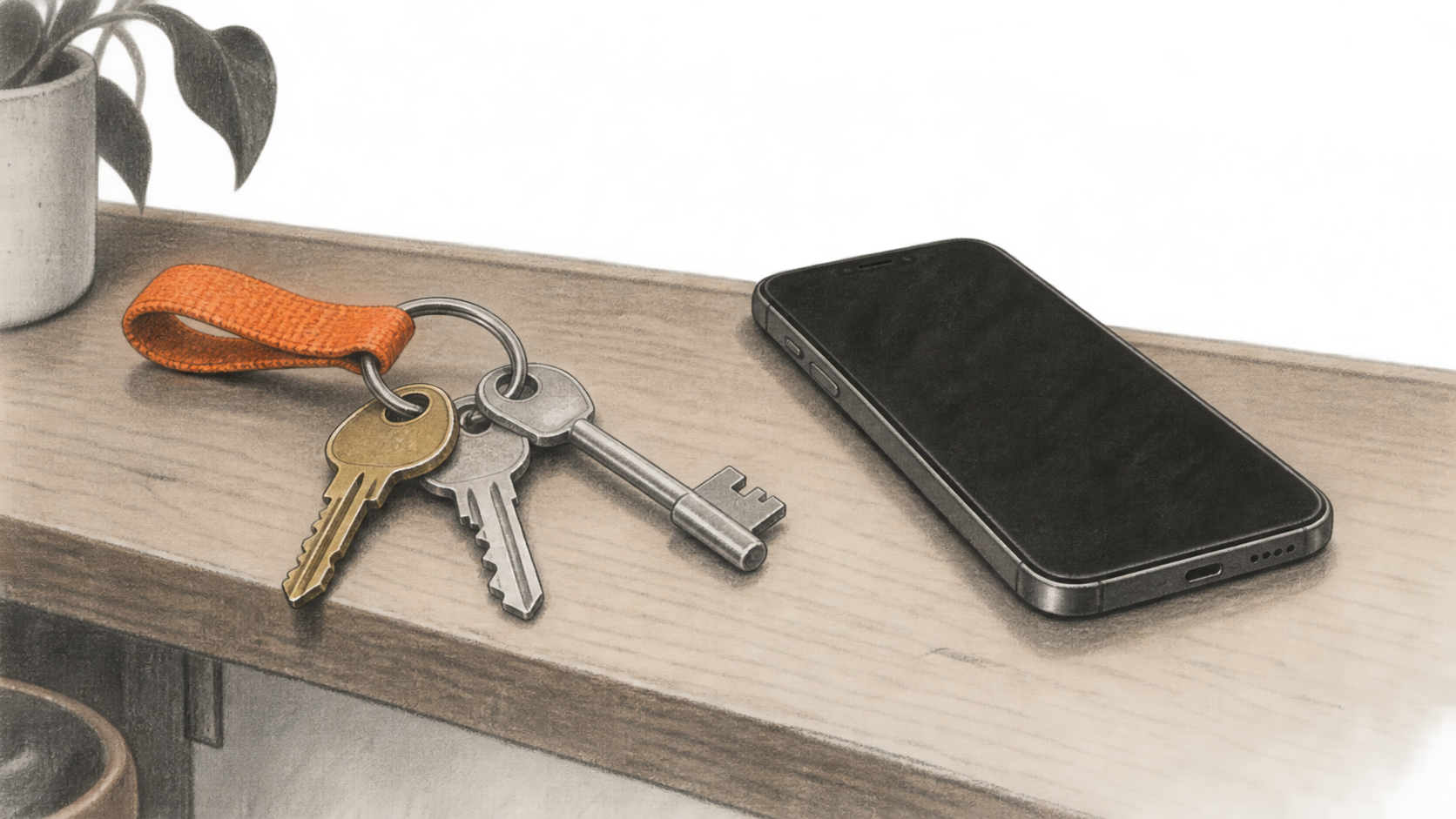 Three different keys on an orange loop lie beside a dark-screen smartphone on a wooden shelf.