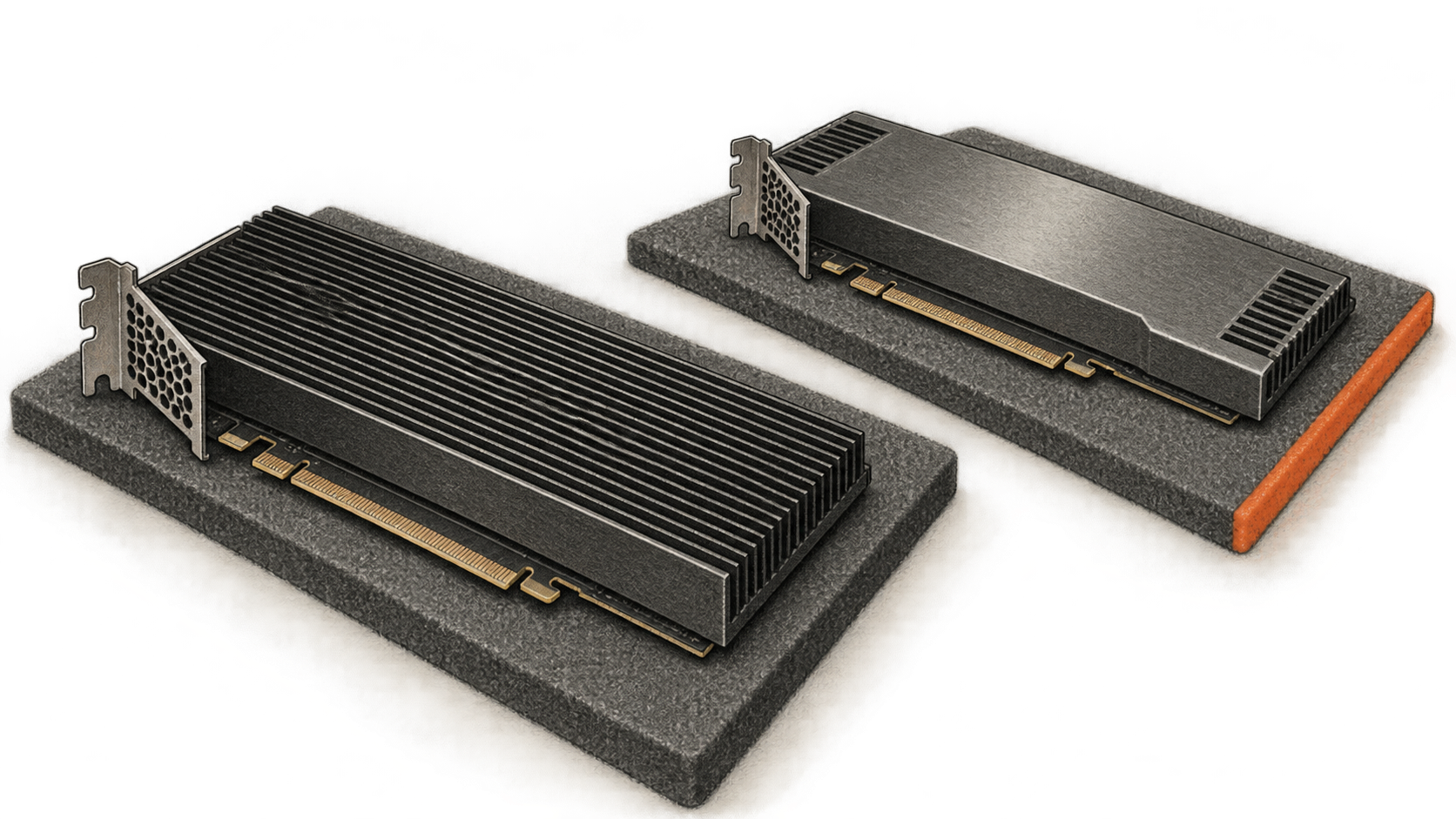 Conceptual charcoal illustration of two unbranded, passively cooled PCIe accelerator cards on separate anti-static pads.