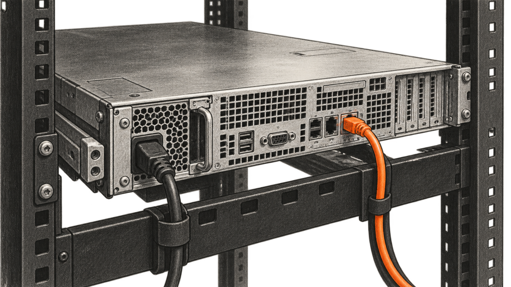 Conceptual charcoal illustration of the rear of an unbranded rackmount server, with a power cable and an orange network cable routed downward.