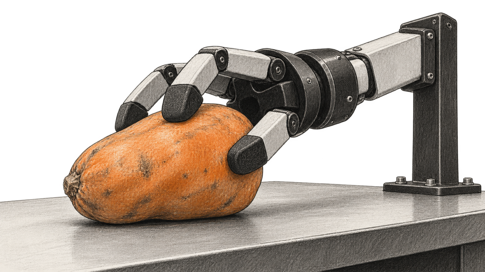 Mounted robot hand touching an orange object on a table.