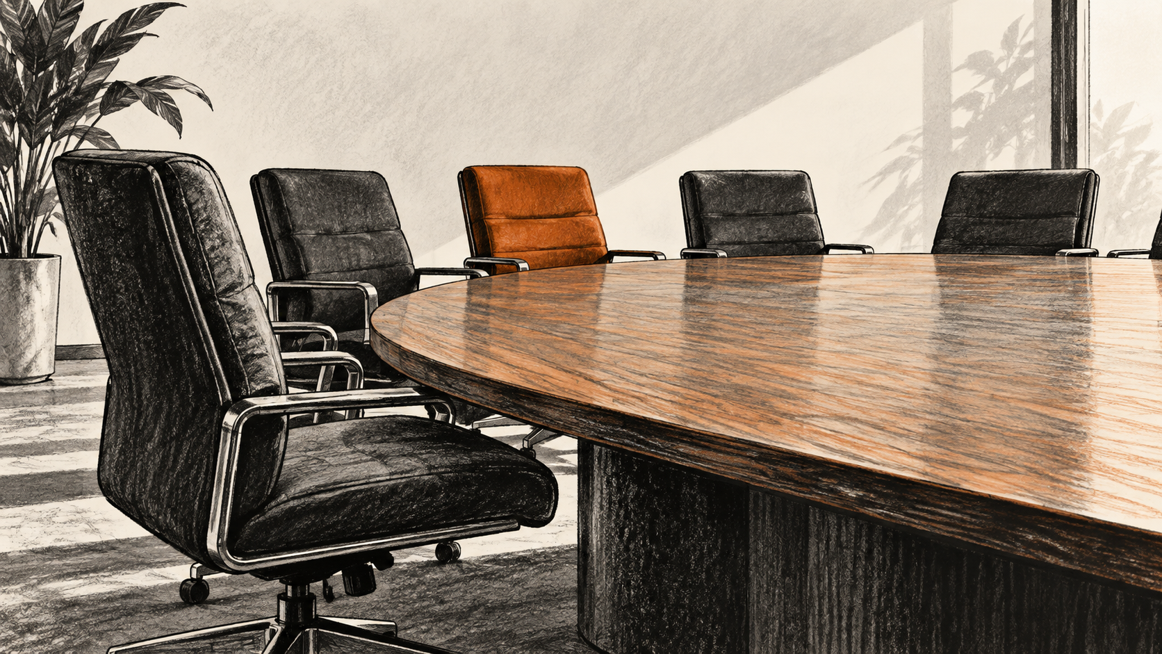 Conceptual illustration of an empty boardroom with chairs around a wooden conference table.
