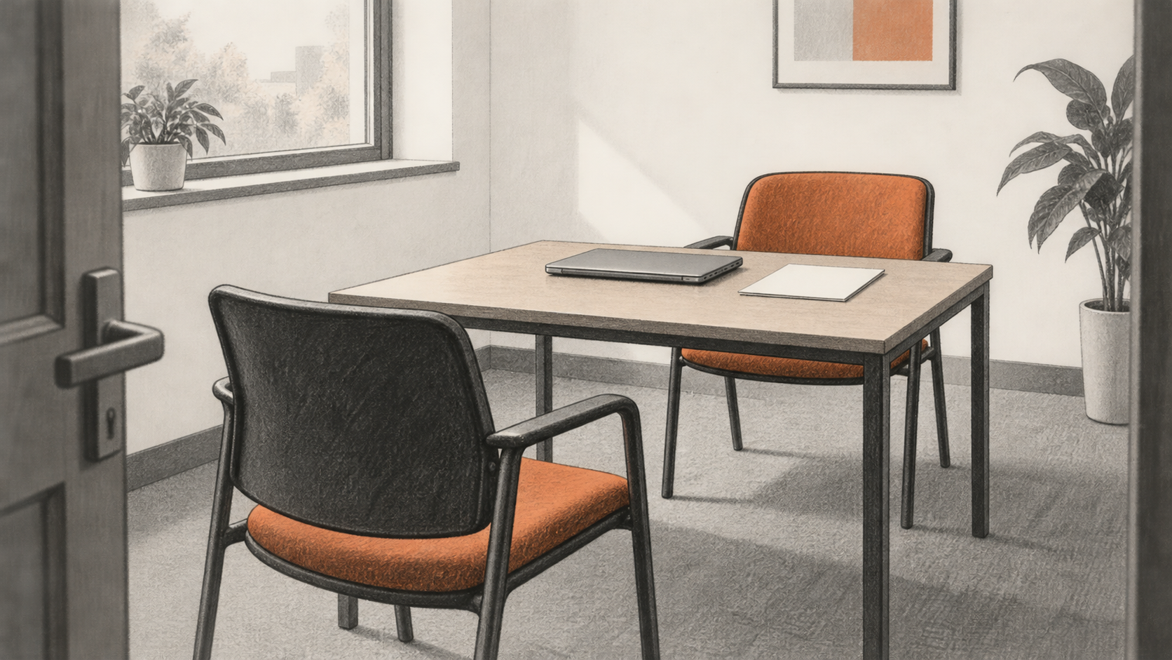 Conceptual charcoal illustration of an empty interview room with two facing chairs, a closed laptop and a blank sheet on the table.