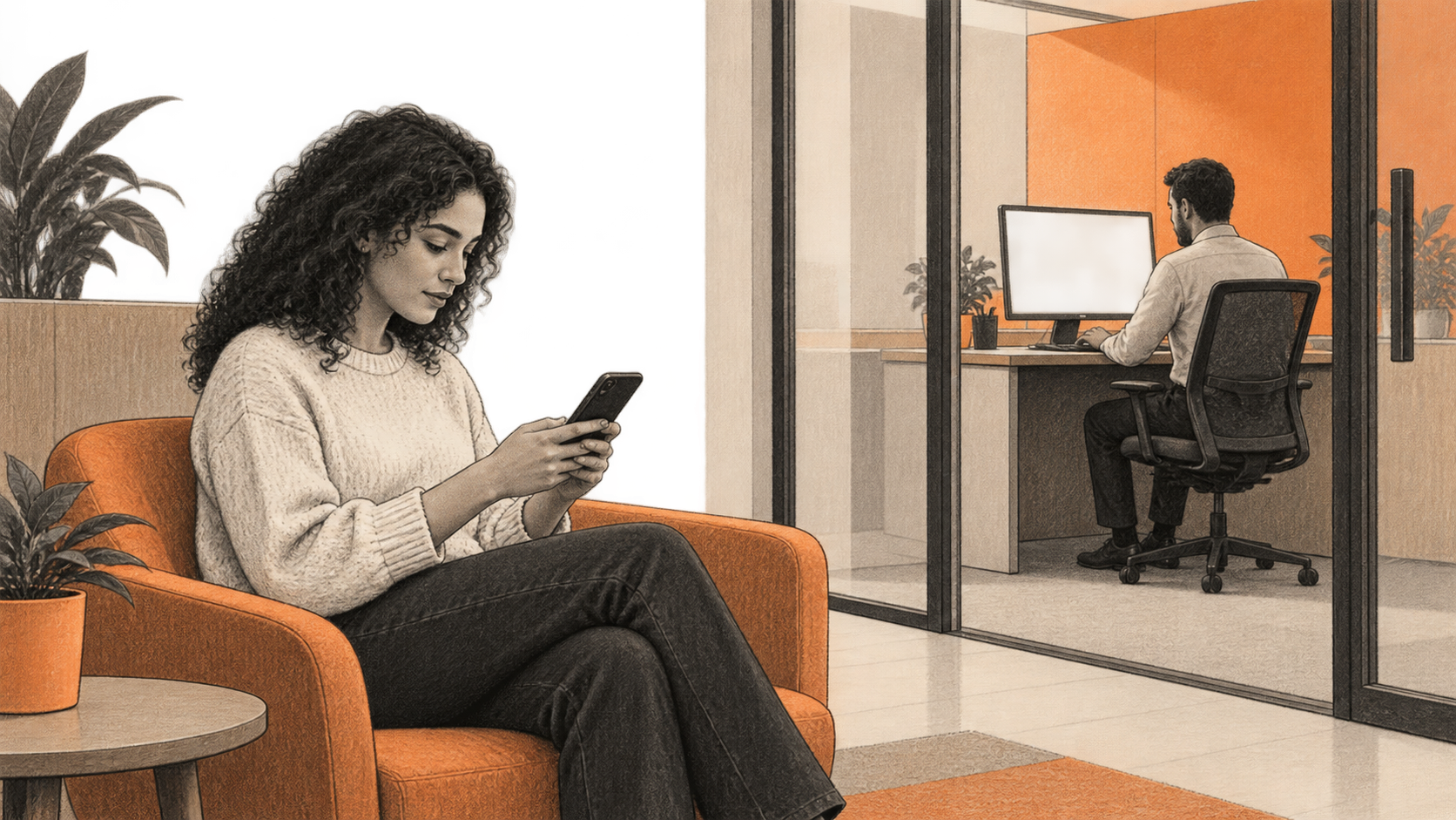 Conceptual charcoal illustration of a customer looking at an unbranded phone in a service seating area while one staff worker uses a separate office workstation beyond a glass partition.
