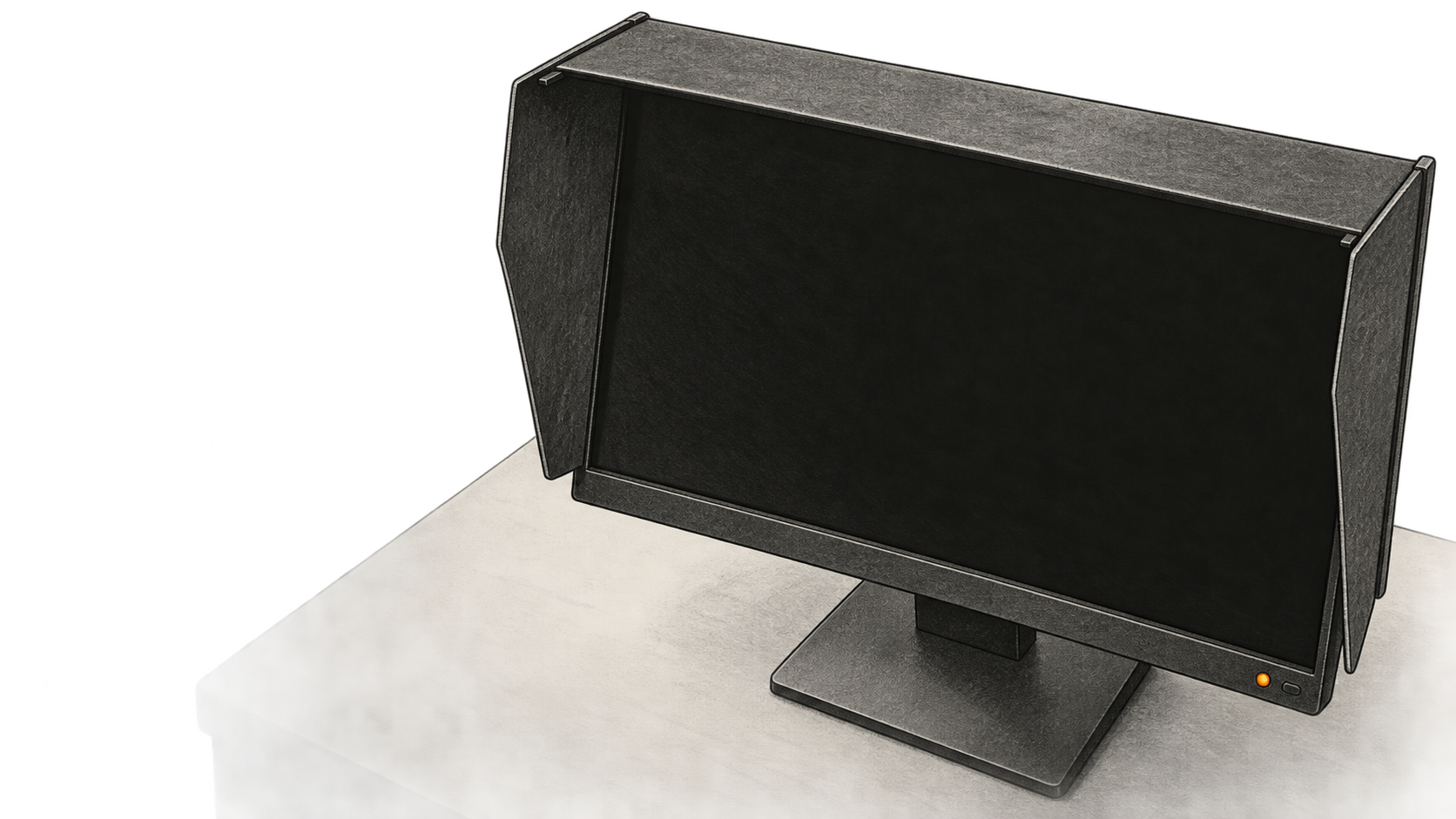 Conceptual charcoal illustration of a blank monitor enclosed by a privacy hood on a tabletop.