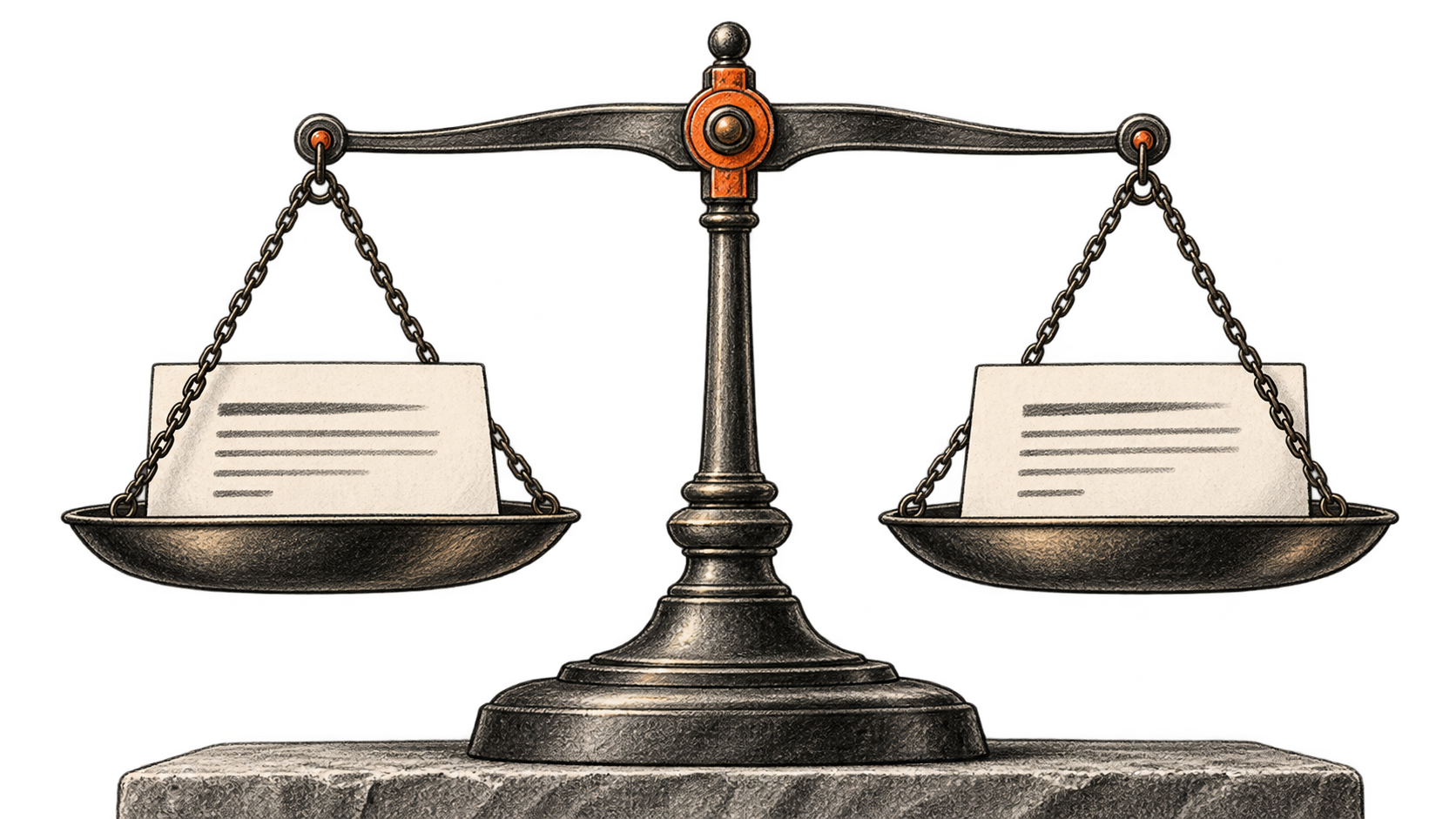 Charcoal illustration of a level two-pan balance, each tray holding an answer card, with orange on the central pivot.