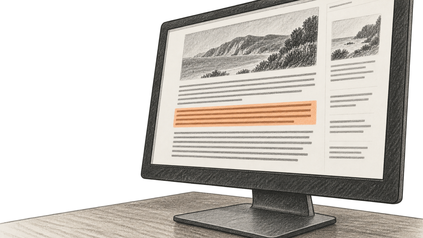 Charcoal illustration of a desktop monitor showing a generic web article with one passage highlighted in orange.
