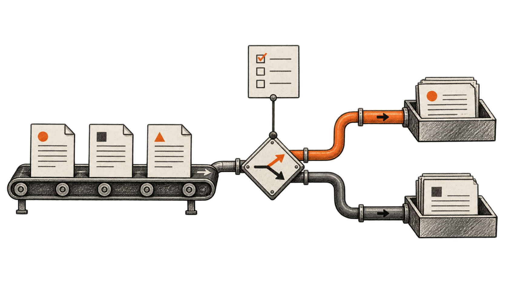 Pencil sketch of document cards passing through a small decision switch, constrained by a checklist, into two output trays.