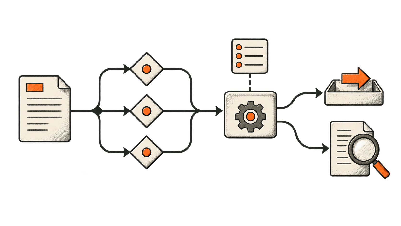 Pencil diagram: an input document branches into three parallel questions, whose answers enter a rules box before action or review.