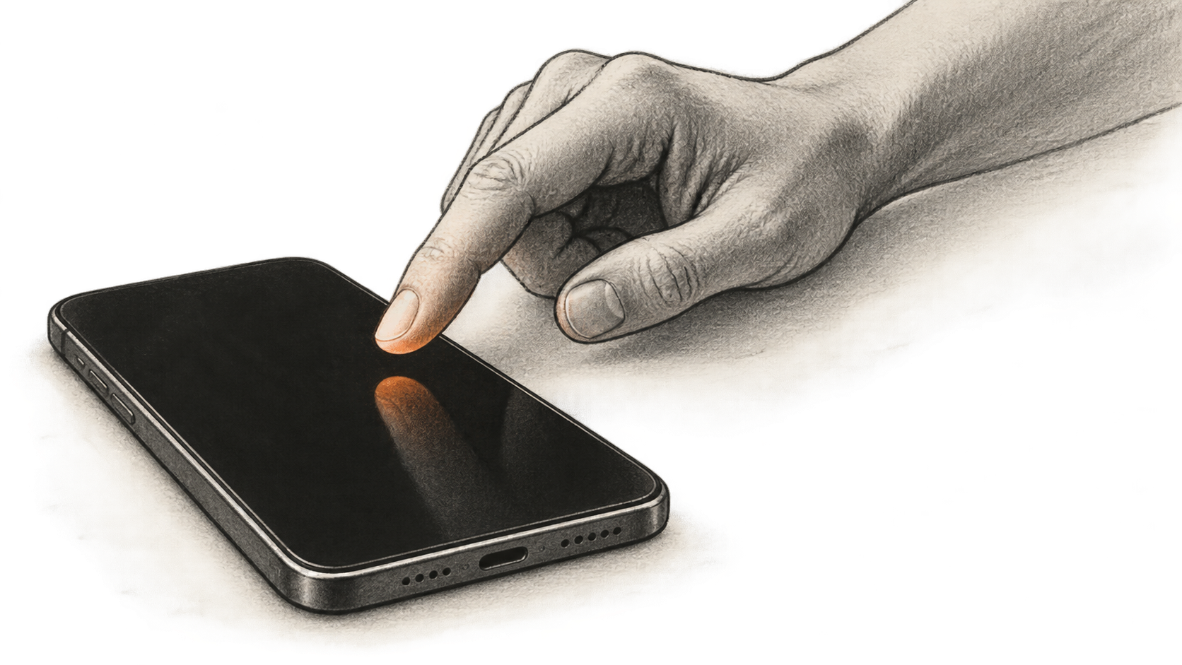 Conceptual charcoal illustration of one connected hand poised above a blank unbranded smartphone screen, with an orange reflection under the fingertip.