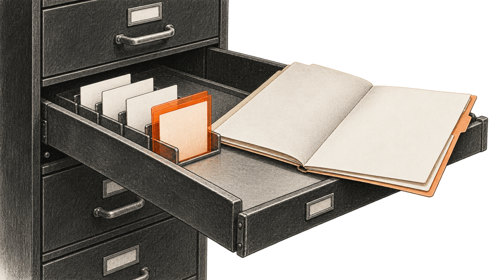 Conceptual charcoal illustration of a filing drawer with blank passage slips, one orange sleeve, and an open source document.
