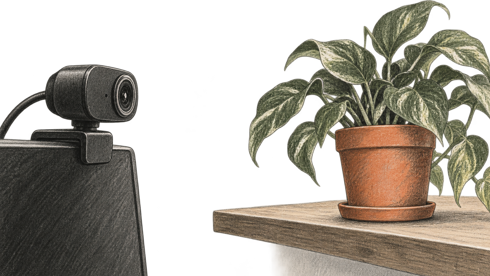 Conceptual charcoal illustration of a webcam clipped to a monitor and facing a leafy plant on a shelf.