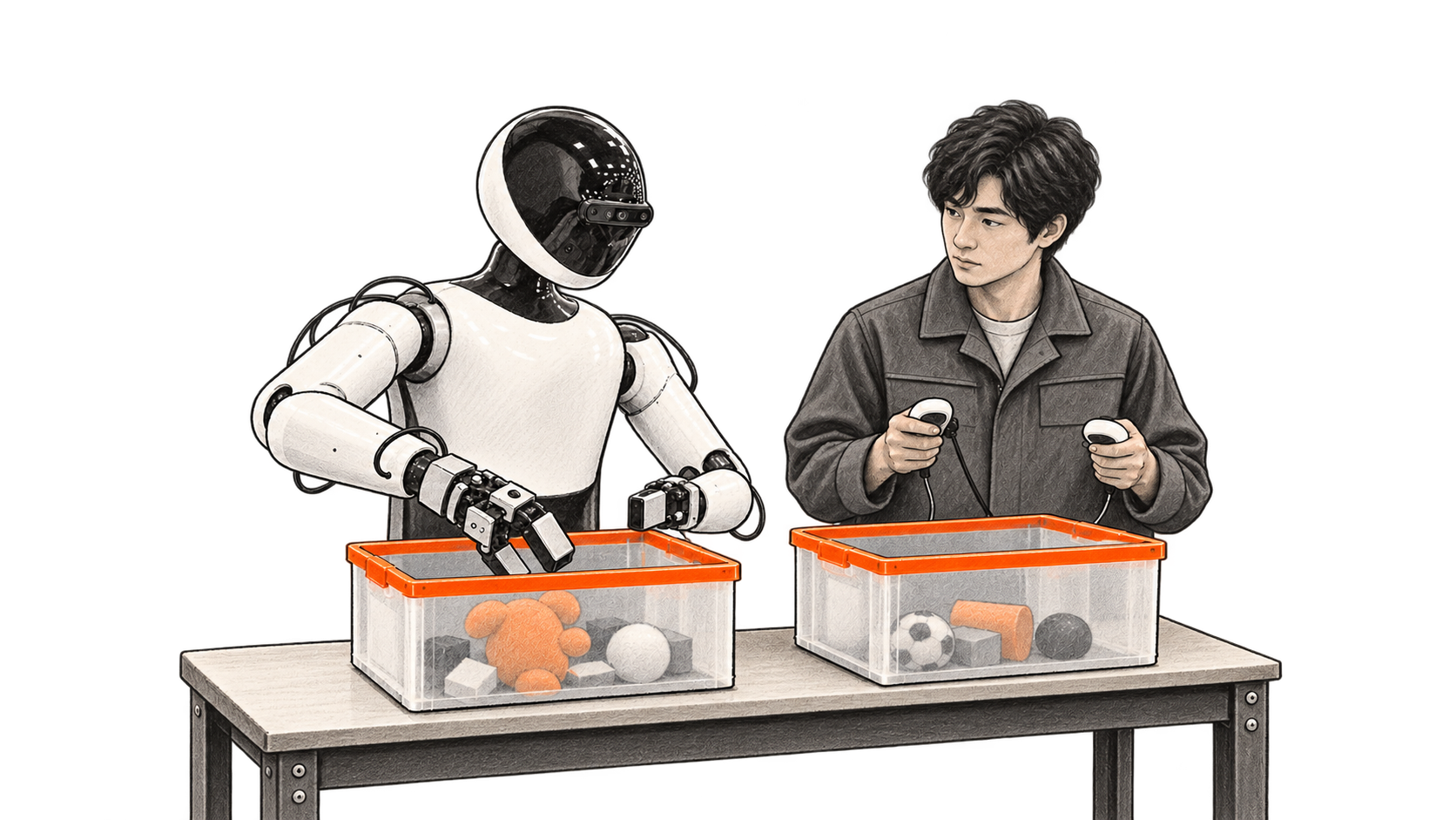 Conceptual charcoal illustration of one white humanoid robot with an open gripper above a storage bin, beside one operator holding two controls behind a workbench with two translucent bins.