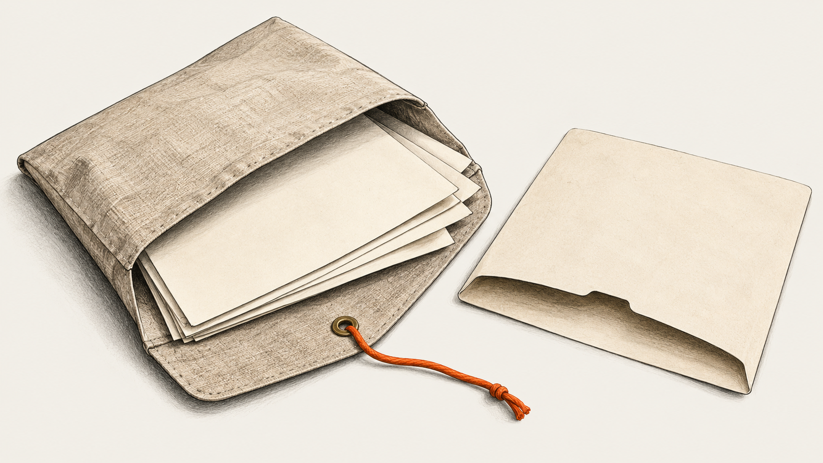 Conceptual charcoal illustration of blank file sheets emerging from an open cloth envelope, beside an empty file sleeve.