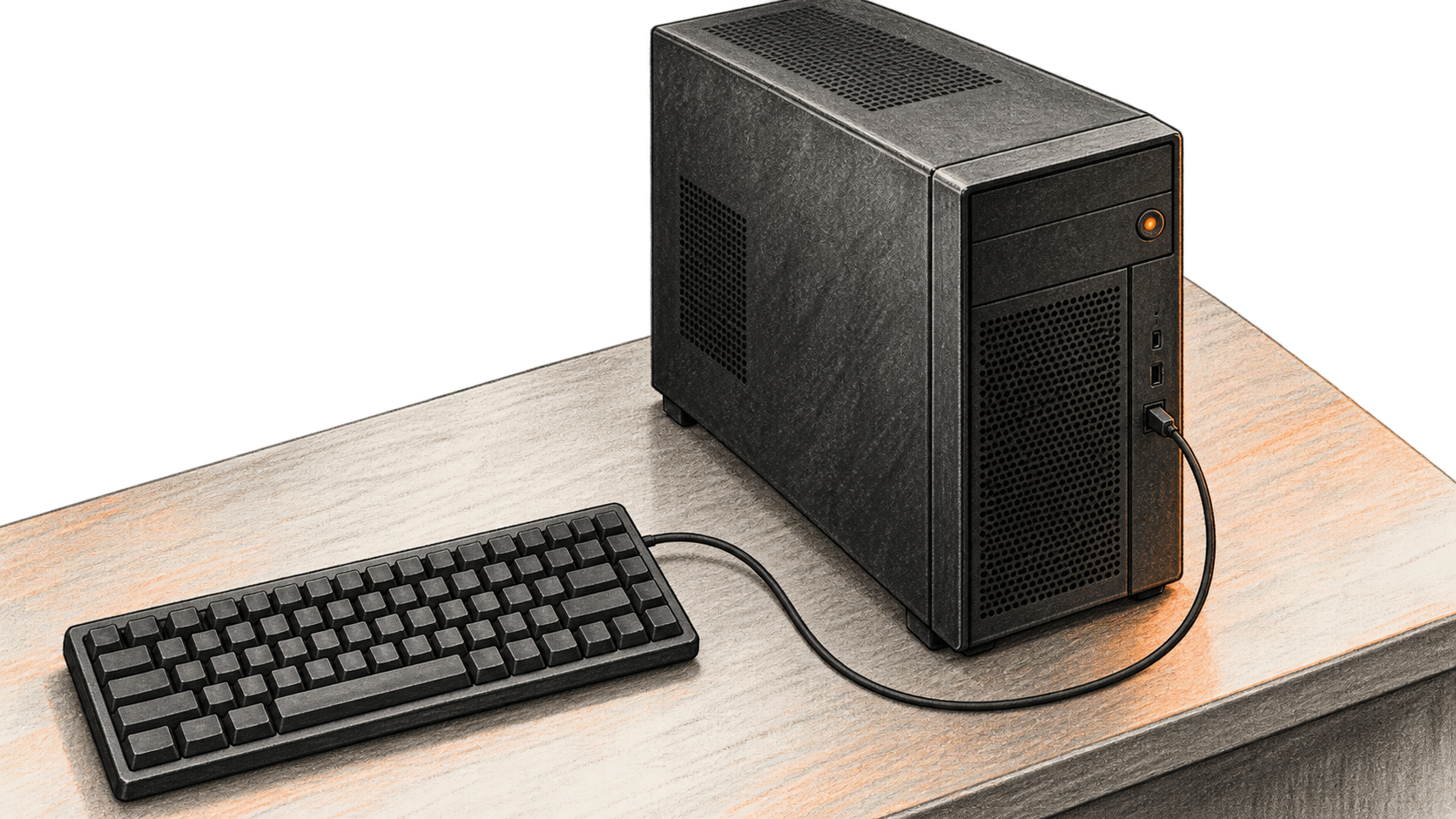 Conceptual charcoal illustration of an unbranded desktop computer tower and a wired keyboard resting on a work surface.