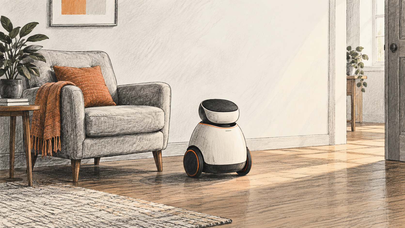 An unbranded, inactive wheeled robot form stands on a living-room floor beside an empty armchair.