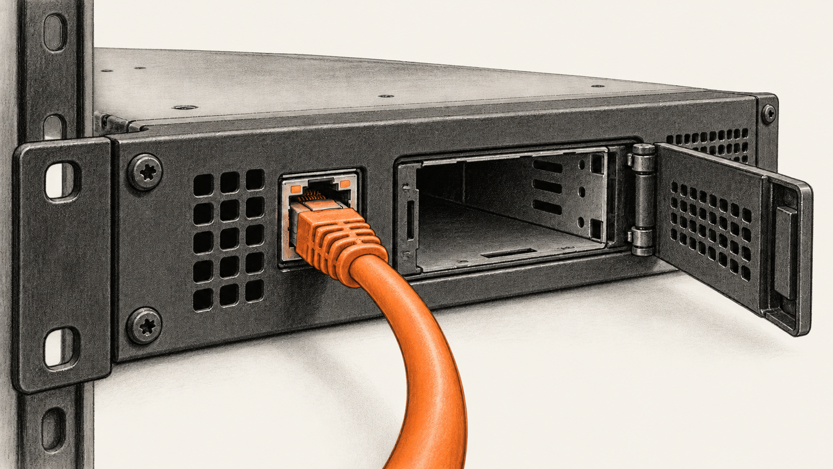 Conceptual charcoal illustration of an orange network cable plugged into a rack appliance beside an open, empty drive bay.