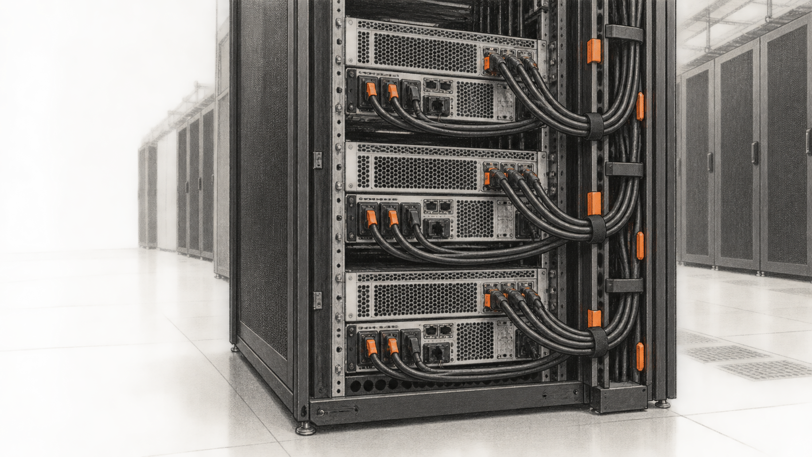 Conceptual charcoal illustration of the rear of a generic compute cabinet with rack units and secured cables in a data-center aisle.