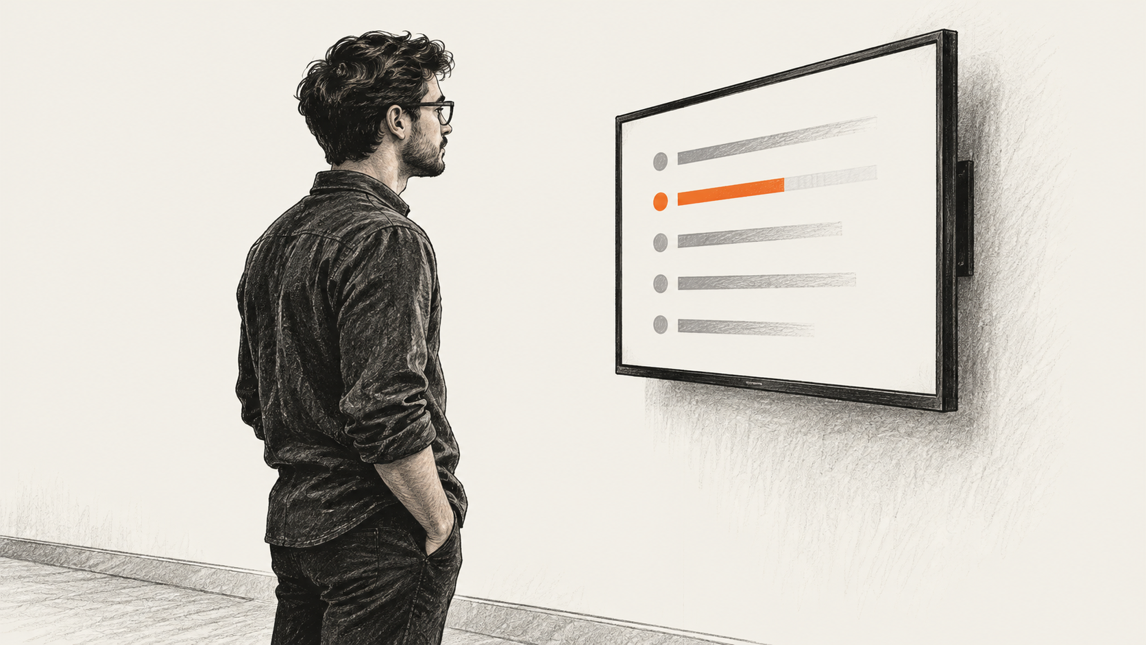 Conceptual illustration of a person reviewing generic alert rows on a wall-mounted screen.