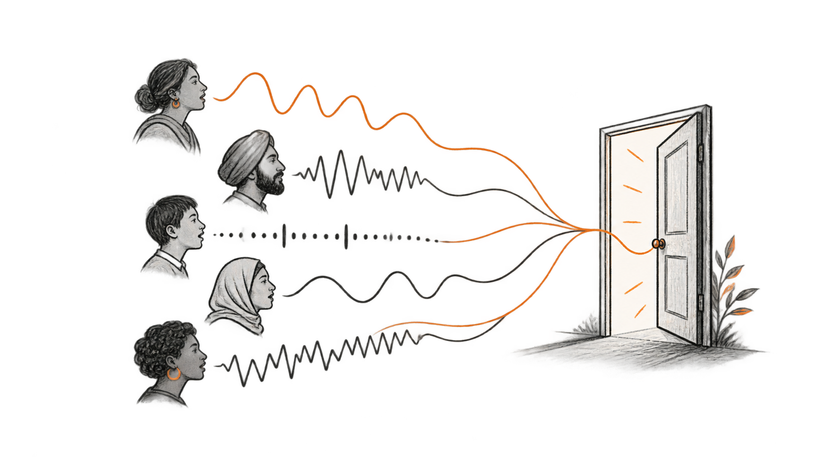 Pencil illustration of five people with distinct speech patterns connecting to an open doorway.
