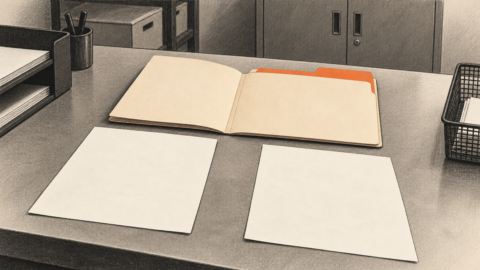 Conceptual charcoal illustration of two separate blank inquiry sheets on an office work surface before one open orange-tabbed folder.