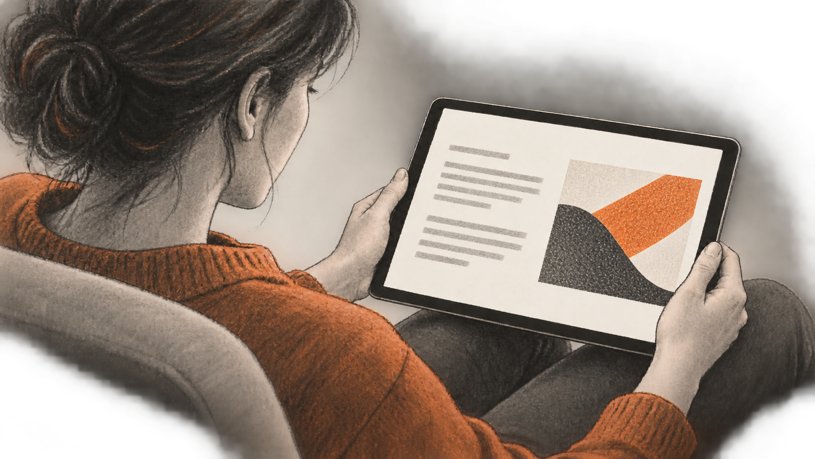 Reviewer holds tablet showing unreadable draft lines beside abstract orange image.
