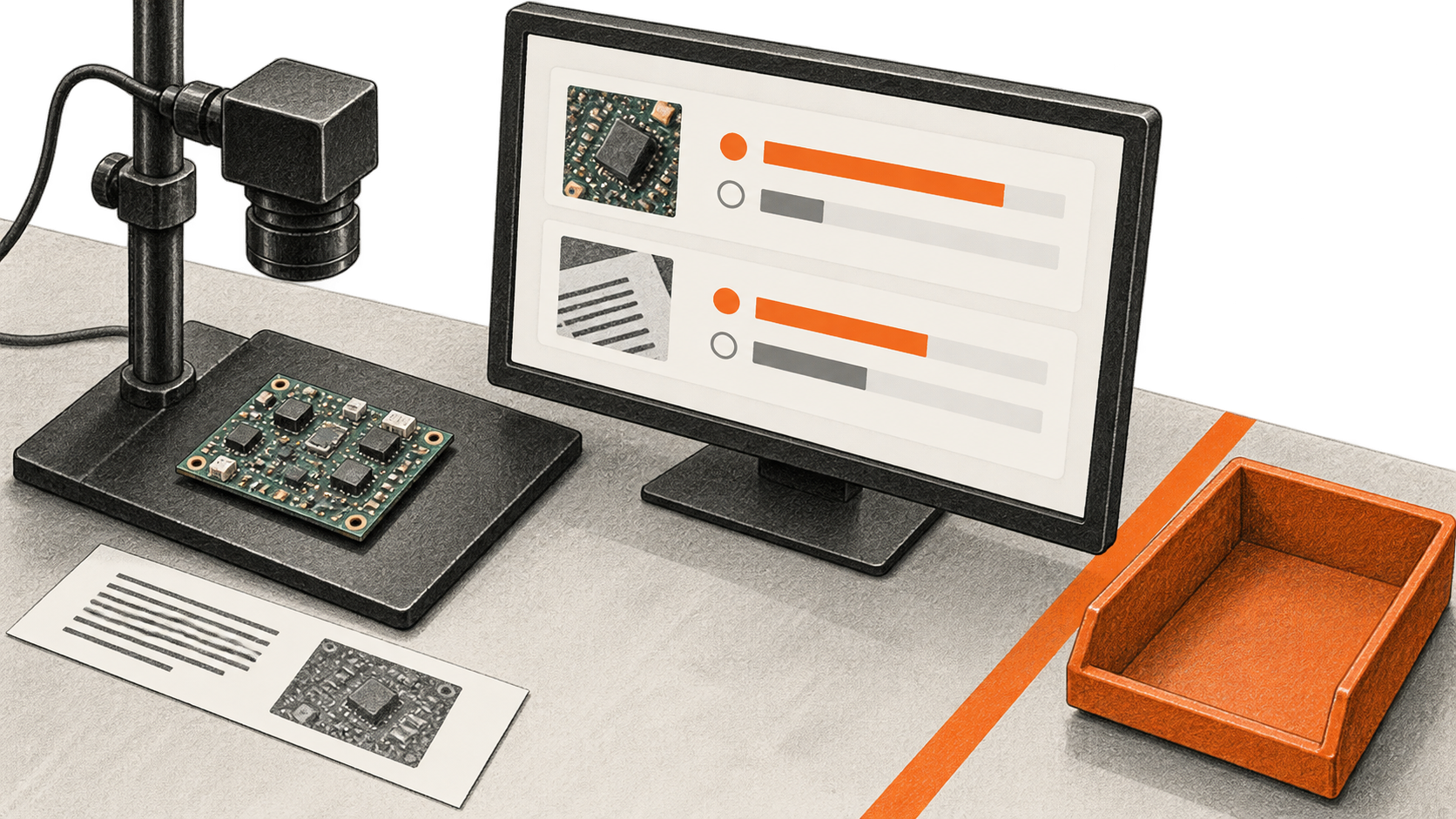 Conceptual charcoal illustration of an image-check workspace with a circuit board beneath a camera, a text strip, an abstract probability display and an empty orange review tray.