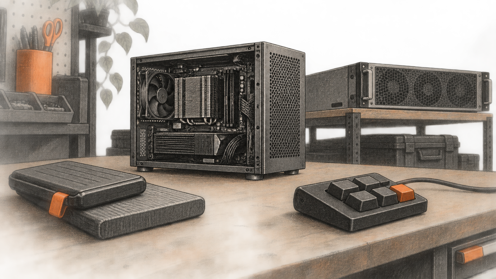 Conceptual charcoal illustration of two removable storage modules beside an open compact workstation, a separate rackmount server and a small input pad on a workbench.